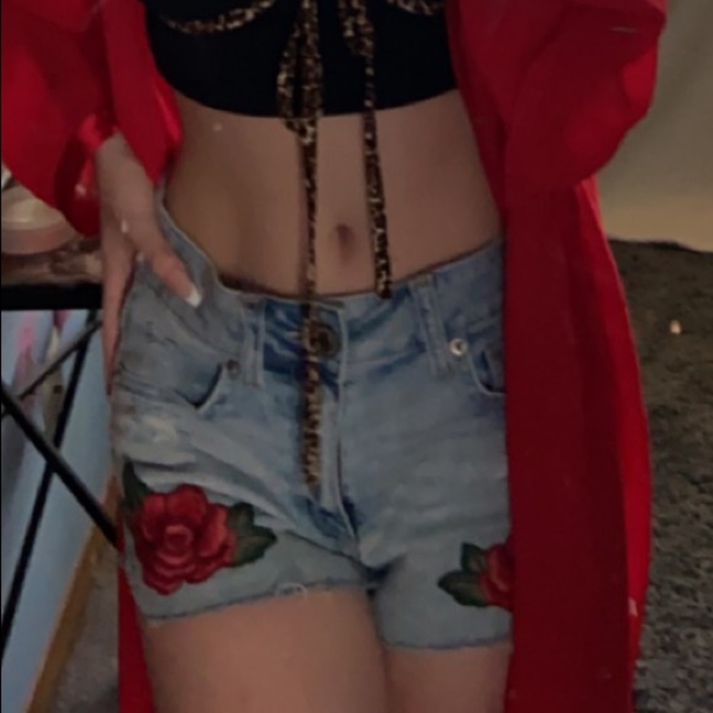 American Eagle Rose Embroidered Shorts Light Wash